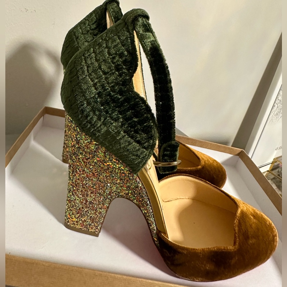 Christian Louboutin Green Velvet and Gold Glitter Block Heel Pumps